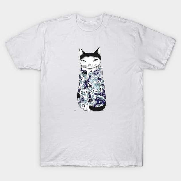 Cat in Blue Peony Tattoo T-Shirt by runcatrun